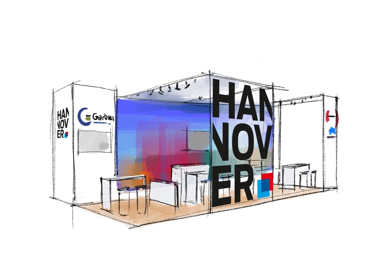 Skizze vom HANNOVER-Stand auf der real estate arena 2025 Skizze vom HANNOVER-Stand auf der real estate arena 2025