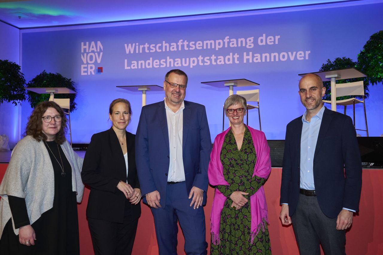 (v. l. n. r.) Wirtschafts- und Umweltdezernentin Anja Ritschel, Dr. Katharina Reuter (Geschäftsführerin des Bundesverbandes Nachhaltige Wirtschaft), Dr. Frank Eretge (Geschäftsführer des Bau- und Immobilienunternehmens Gundlach), Silke Stremlau (Vorsitzende des „Sustainable Finance“-Beirates der Bundesregierung) und Oberbürgermeister Belit Onay