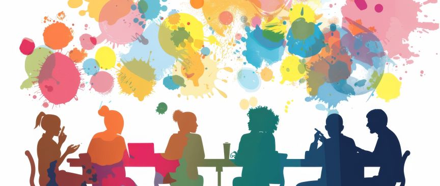 Sechs farbige Silhouetten sitzen an einem Tisch. Darüber bunte Farbkleckse in Pink, Gelb, Blau und Orange.