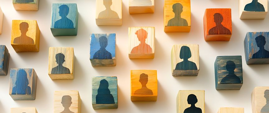 Viele bunte Holzklötze mit Personenumrissen