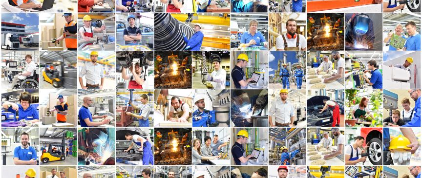Fotocollage mit vielen kleinen Bildern von Arbeitern in Industriebetrieben, Werkstätten und Fertigungshallen.