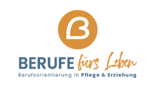 Logo „Berufe fürs Leben – Berufsorientierung in Pflege & Erziehung" mit orangem Kreis und weißem B-Symbol.
