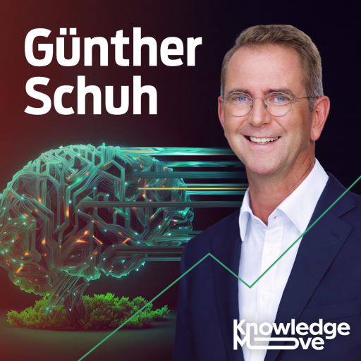 Porträtfoto eines Mannes mit Brille neben einem digitalen Gehirn. Text: „Günther Schuh" und „Knowledge Move".