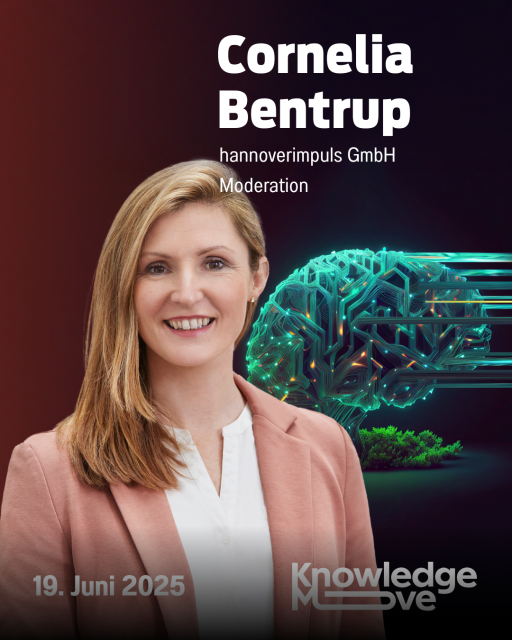 Porträt von Cornelia Bentrup, hannoverimpuls GmbH, Moderation, KnowledgeMove, 19. Juni 2025, mit KI-Gehirn-Grafik.