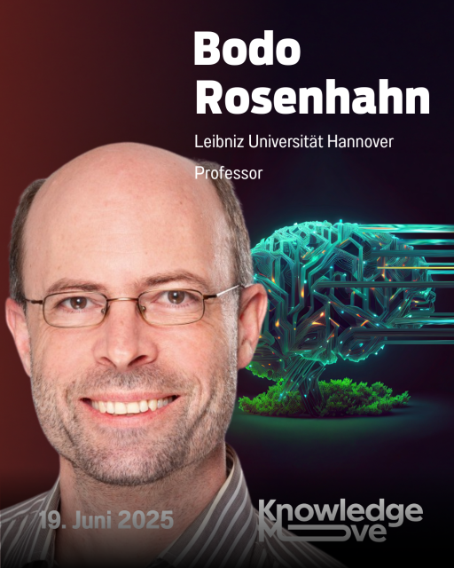 Porträt von Bodo Rosenhahn, Professor der Leibniz Universität Hannover, neben einem digitalen Gehirn. Event: 19. Juni 2025.