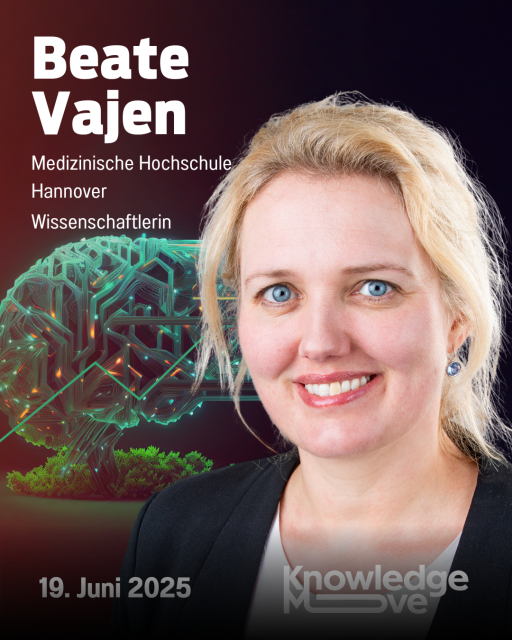 Porträt von Beate Vajen, Wissenschaftlerin an der MHH, vor einem KI-Gehirn-Motiv. Datum: 19. Juni 2025.