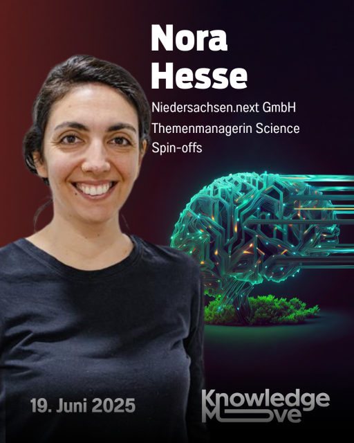 Porträt von Nora Hesse, Themenmanagerin Science Spin-offs bei Niedersachsen.next GmbH, KnowledgeMove, 19. Juni 2025.