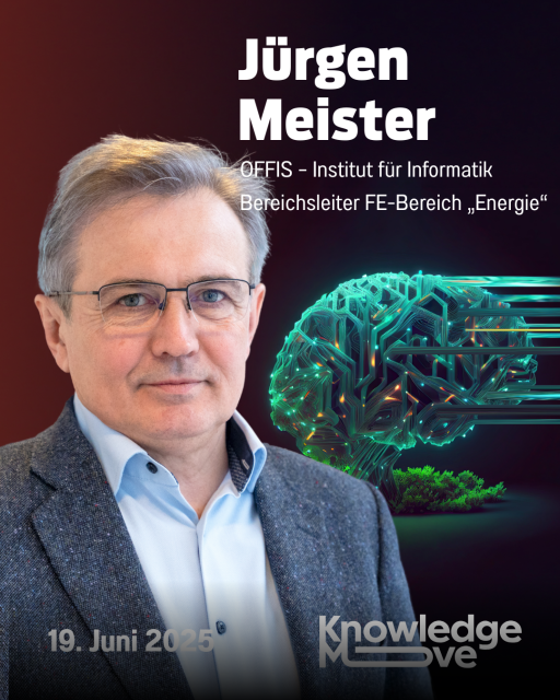 Porträtfoto von Jürgen Meister, OFFIS Institut für Informatik, mit digitalem Gehirn-Motiv. KnowledgeMove, 19. Juni 2025.