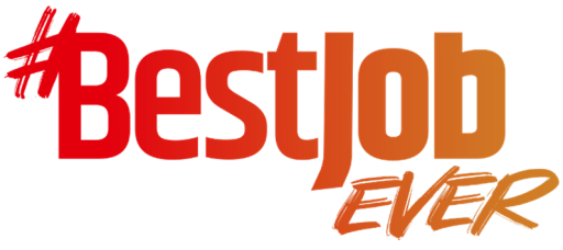 Logo mit Text „#BestJob EVER" in Rot und Orange auf weißem Hintergrund.