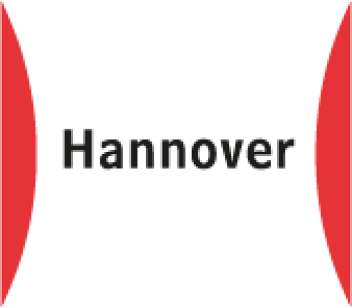 Weißes Logo mit dem Schriftzug „Hannover" in Schwarz, flankiert von zwei roten geschwungenen Flächen.