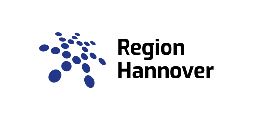 Logo der Region Hannover: blaues Punktmuster in Sternform links, schwarzer Schriftzug „Region Hannover" rechts.