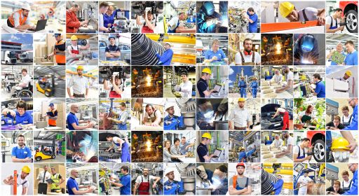 Fotocollage mit vielen kleinen Bildern von Arbeitern in Industriebetrieben, Werkstätten und Fertigungshallen.