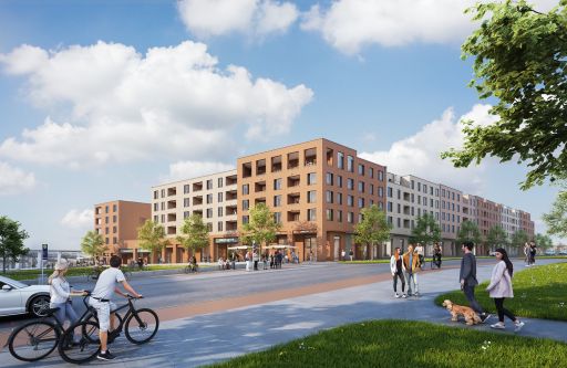 Architekturvisualisierung eines mehrstöckigen Wohnkomplexes aus Backstein mit Fußgängern, Radfahrern und Bäumen.