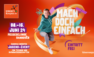 Werbebanner IdeenExpo 24, 8.–16. Juni, Hannover. Jugendliche vor orangem Hintergrund, Text „Mach doch einfach", Eintritt frei.