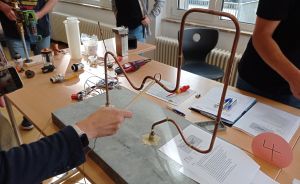 Kupferdraht-Geschicklichkeitsspiel auf Marmorplatte; im Hintergrund weitere Experimente auf Tischen, mehrere Personen stehend.