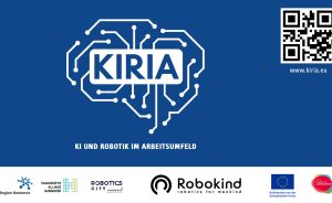KIRIA-Logo mit Gehirn-Schaltkreis-Grafik, Text: KI und Robotik im Arbeitsumfeld, Partnerlogos, QR-Code.