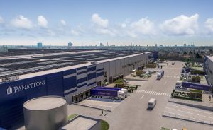 Luftansicht eines Panattoni-Logistikzentrums mit Lkw, Laderampen, Parkplätzen und Solarpaneelen auf dem Dach.