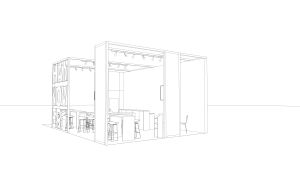 3D-Linienzeichnung eines Messestand-Konzepts mit Theke, Stühlen, Beleuchtung und beschrifteter Rückwand.