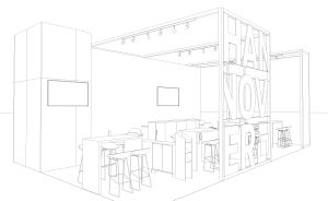 3D-Linienzeichnung eines Messeständes mit Stehtischen, Hockern, Monitoren und dem Schriftzug „HANNOVER".