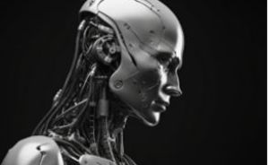 Seitenprofil eines humanoiden Roboters mit sichtbaren Kabeln und mechanischen Details, schwarz-weiß Fotografie.