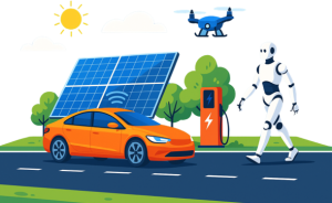 E-Auto, Roboter, Straße, ladesäule, Drohne