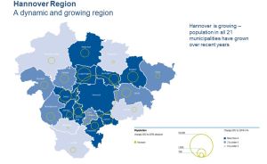 Karte der Hannover Region mit 21 Gemeinden, Bevölkerungswachstum 2002–2019, Legende mit Kreisgrößen und Farbskala.