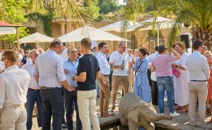Gruppe von Menschen steht im Freien bei einem geselligen Treffen, im Hintergrund weiße Sonnenschirme und Palmen.
