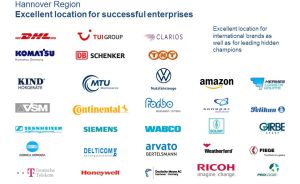 Folie zeigt Logos bekannter Unternehmen in der Hannover Region, darunter DHL, TUI, VW, Amazon, Siemens und Continental.