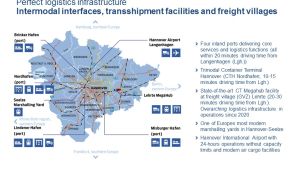 Karte der Region Hannover mit Logistikinfrastruktur: Häfen, Güterverkehrszentren, Bahnhöfe und Flughafen mit Erläuterungen.