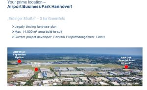 Luftaufnahme des Airport Business Parks Hannover mit markierten Standorten Erdinger Straße, ABP West und ABP Ost.