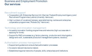 Folie „Business and Employment Promotion – Our Services" mit drei Kategorien: Recruitment, Innovation, Authorisation.