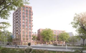 Architekturvisualisierung: Zwei rosafarbene Wohngebäude unterschiedlicher Höhe, umgeben von Bäumen und Fußgängern.