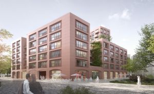 Architekturvisualisierung eines mehrstöckigen Backsteingebäudes mit Arkaden, Begrünung und Fußgängern auf gepflastertem Platz.