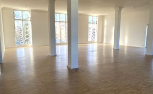 Leerer Raum mit Holzboden, weißen Säulen und großen Sprossenfenstern, helle weiße Wände, Tageslicht.