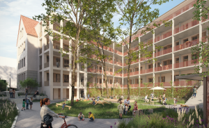 Architekturvisualisierung eines Innenhofs mit Grünfläche, Bäumen, Menschen und mehrstöckigem Wohngebäude mit Balkonen.