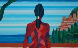 Gemälde: Frau in rotem Kleid steht im Wasser, Blick auf Meer, Küstenstadt und Baum. Signiert 2005.