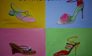 Gemälde mit 4 farbigen Feldern, je ein Damenschuh darauf. Text oben: „Sommerschuh". Pop-Art-Stil.
