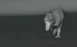3D-Modell eines T-Rex mit sichtbarem Rig/Kontrollpunkten in einer grauen Animationssoftware-Umgebung.