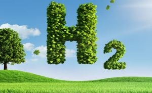 Grüne Landschaft mit Baum und aus Blättern geformten Buchstaben "H₂" vor blauem Himmel mit Wolken.