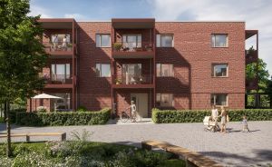 Wohnhaus an der Straße, komplette Ansicht