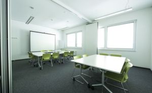 Heller Konferenzraum mit weißen Tischen, grünen Stühlen, Projektionsleinwand und großen Fenstern auf grauem Teppichboden.