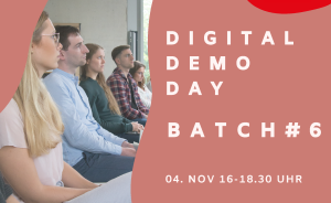 Flyer: Digital Demo Day Batch #6, 04. Nov 16–18:30 Uhr, Social Innovation Center Hannover. Foto: Publikum in Reihen sitzend.