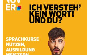 Mann mit offenem Mund vor gelbem Hintergrund. Text: „Ich versteh' kein Wort! Und du? Sprachkurse nutzen, Ausbildung meistern."