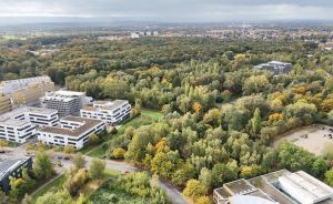 Luftaufnahme eines Stadtgebiets mit modernen Bürogebäuden, herbstlichem Mischwald und einer weitläufigen Stadtlandschaft im Hintergrund.