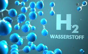 3D-Darstellung blauer Molekülmodelle auf türkisem Hintergrund mit der Aufschrift „H₂ Wasserstoff".
