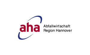 Logo „aha Abfallwirtschaft Region Hannover" mit rotem Schriftzug und blauem Kreiselement.