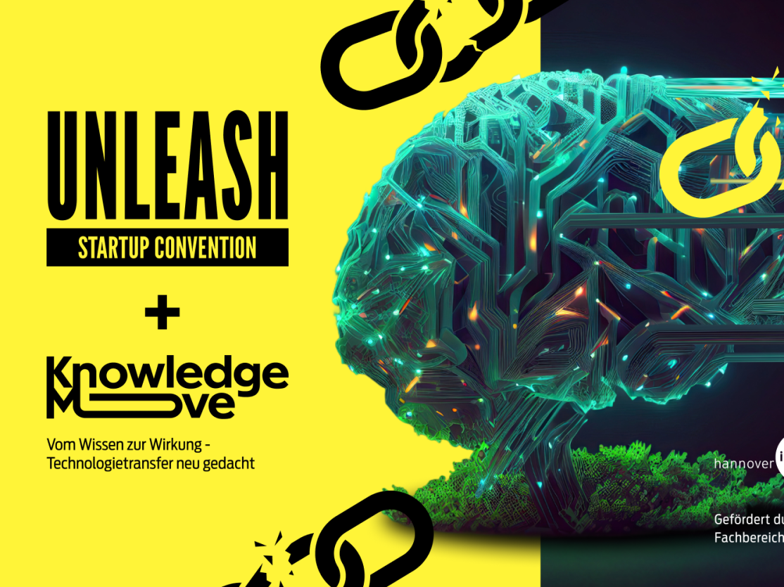 Gelbes Banner: "Unleash Startup Convention" + "KnowledgeMove". 3D-Gehirn mit Schaltkreisen, Kettengliedern, Logos Hannover.