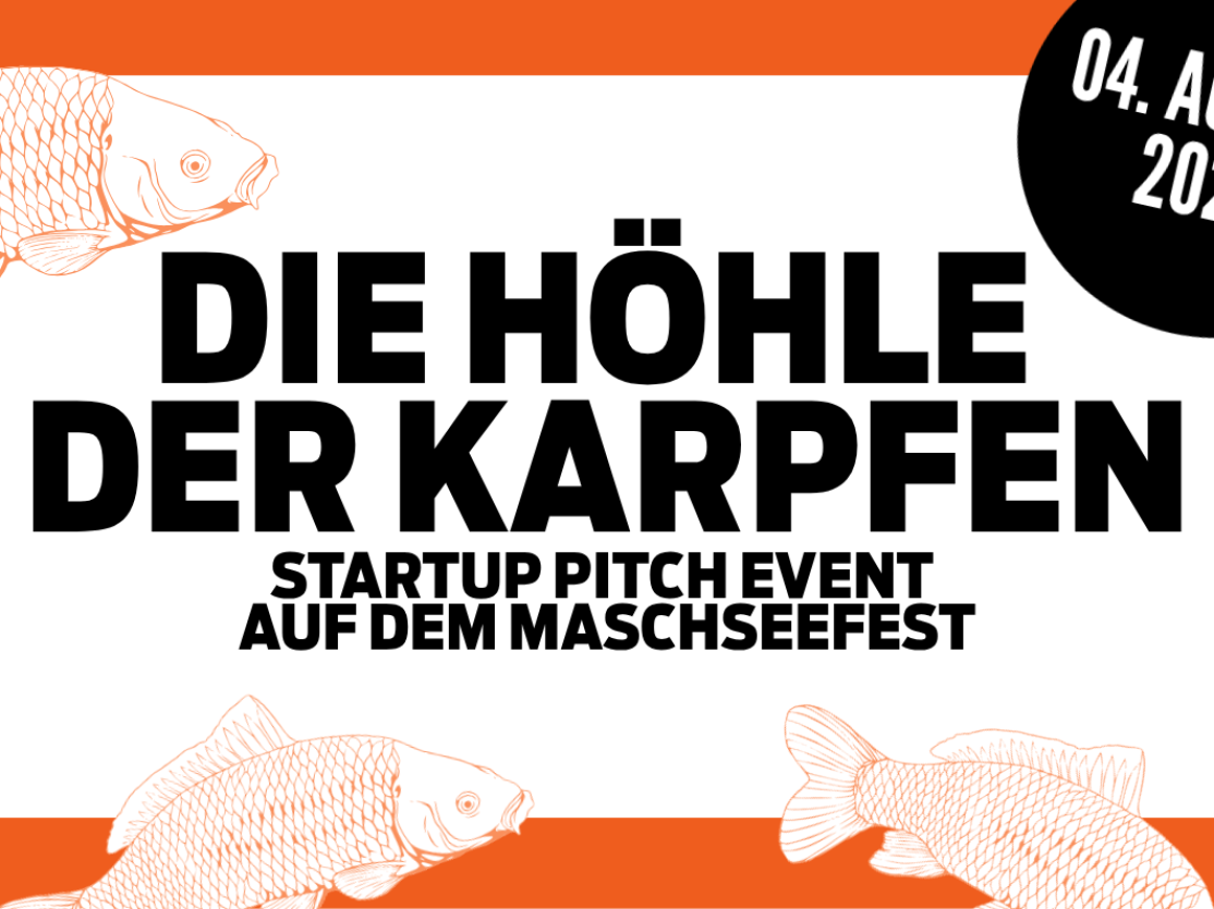 Orangefarbenes Banner: „Die Höhle der Karpfen – Startup Pitch Event auf dem Maschseefest, 04. August 2026"