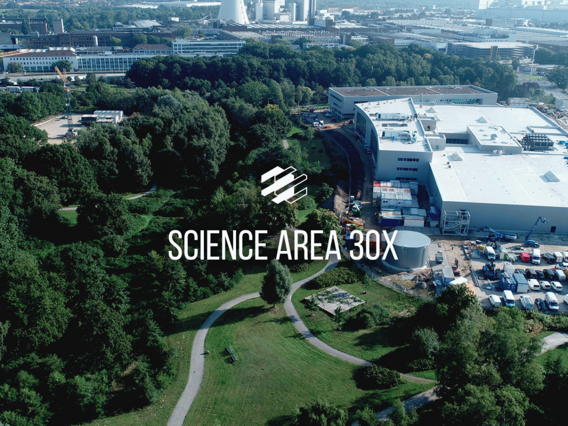 Luftaufnahme eines Parks neben Industriegebäuden mit dem Text „Science Area 30X" im Vordergrund.