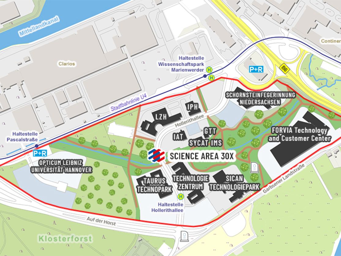 Lageplan des Wissenschaftsparks Marienwerder in Hannover mit Gebäuden, Straßen, P+R-Plätzen und ÖPNV-Haltestellen.